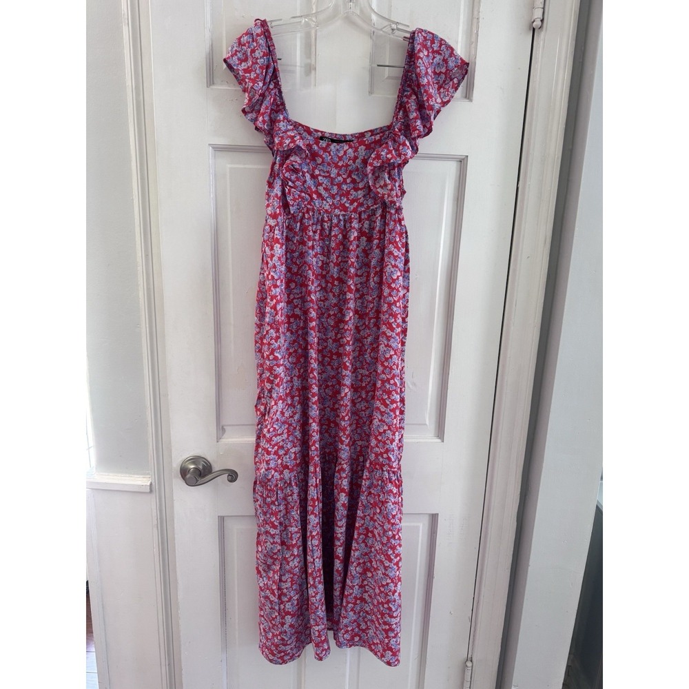 Zara Floral Ruffle Sleeve Maxi Dress Red Blue Smocked Back Size M - Picture 3 of 10